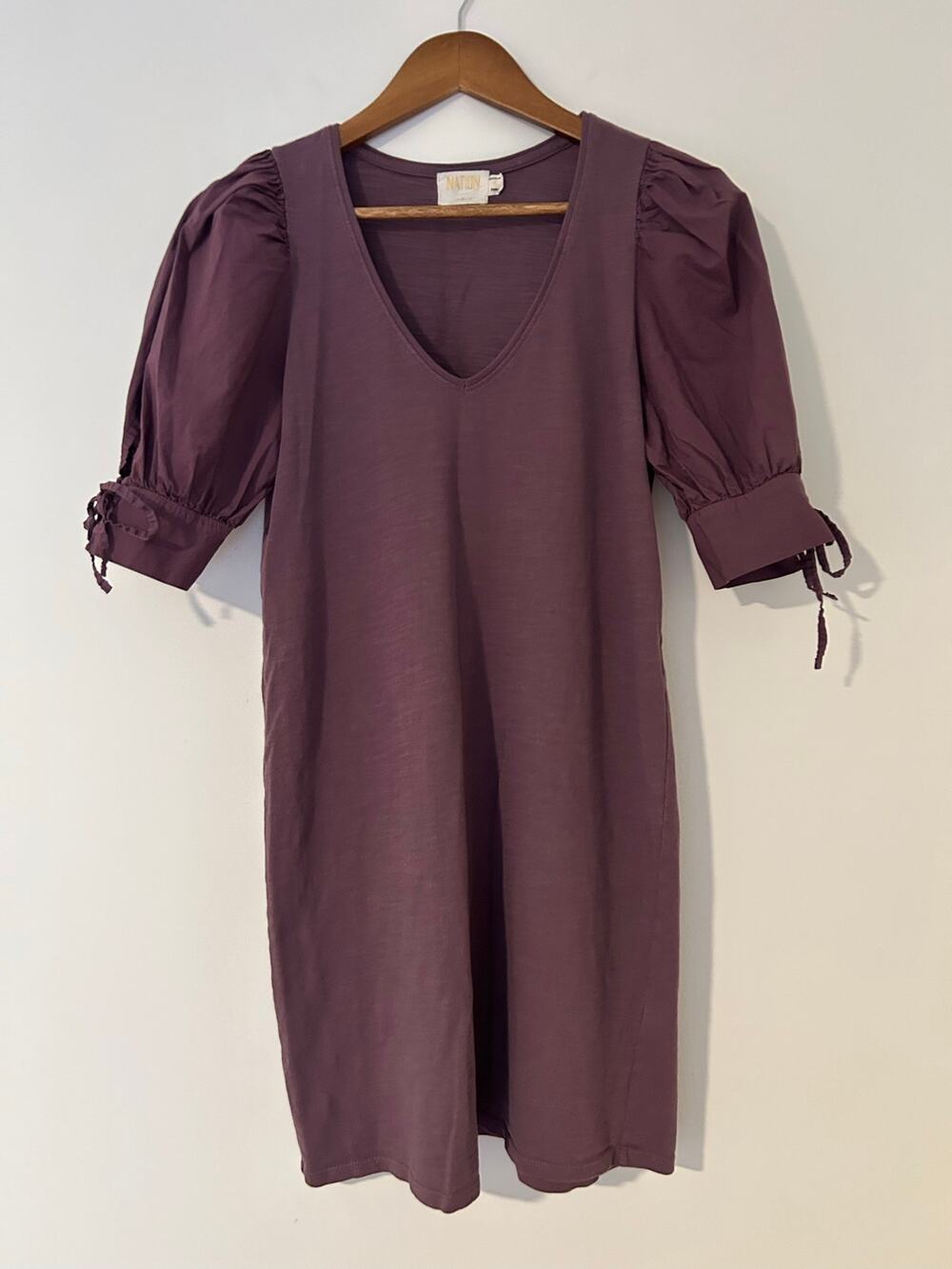 Nation LTD Mirrim Pima Cotton Purple Puff Tie Sleeve Mini Dress EUC S Evereve